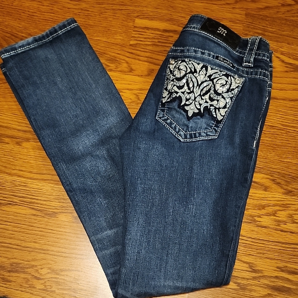 Miss Me Dark Blue Straight Leg Jeans with Silver Embellishments